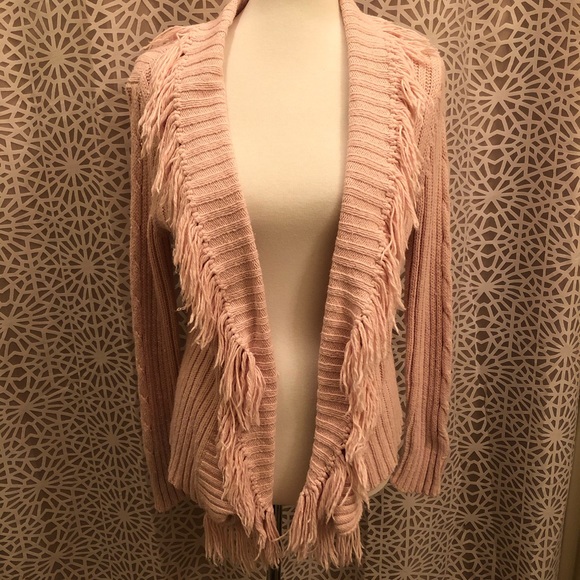 villager Sweaters - Villager Light Pink Fringe Open Front Sweater